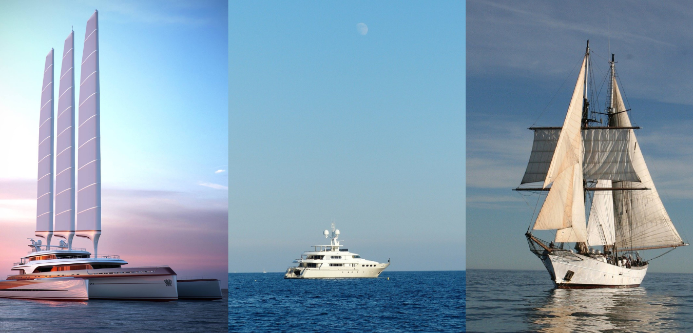 Different types of yachts: trimaran, motor yacht, sailing yacht