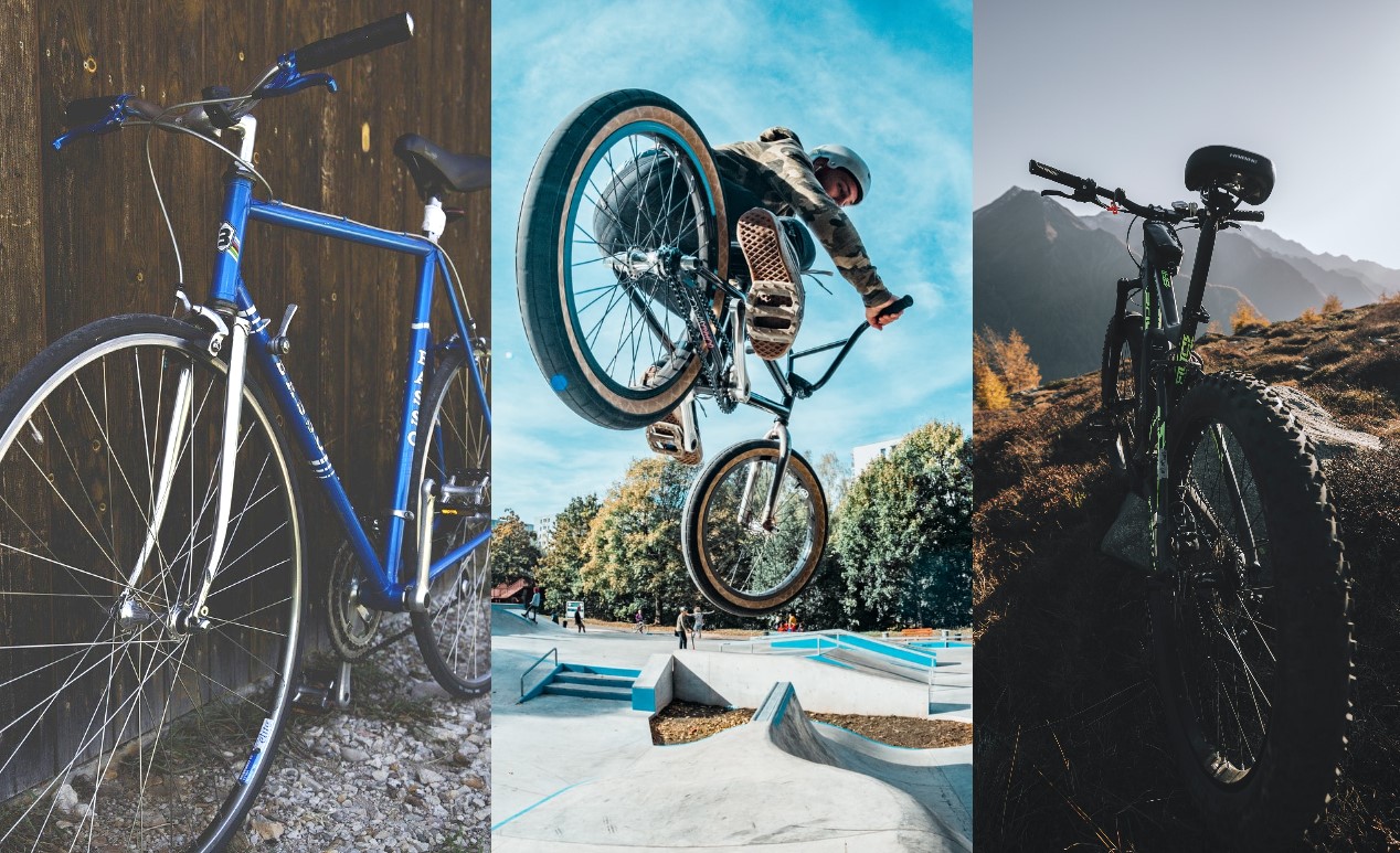 Bike types: road bike, bmx, mountain bike